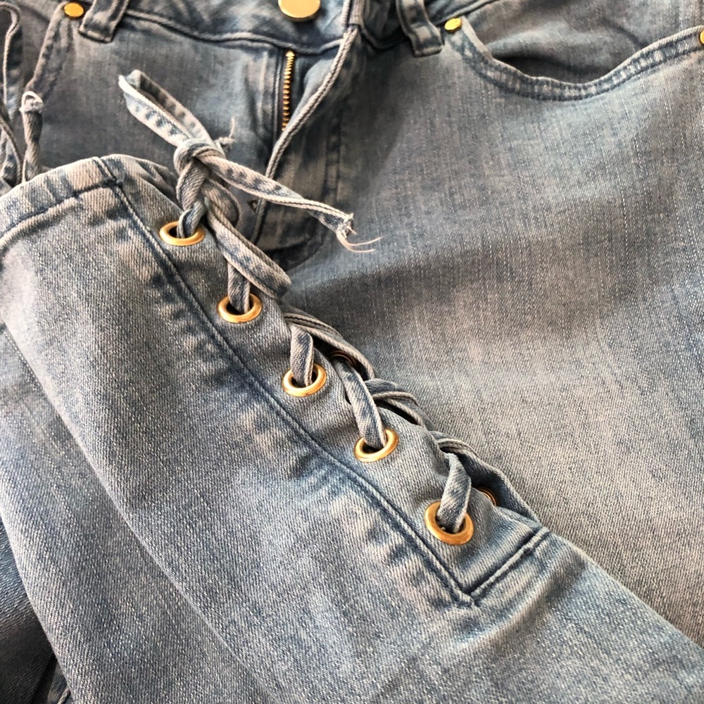 Michael Kors Light Blue High-Rise Lace-Up Jeans